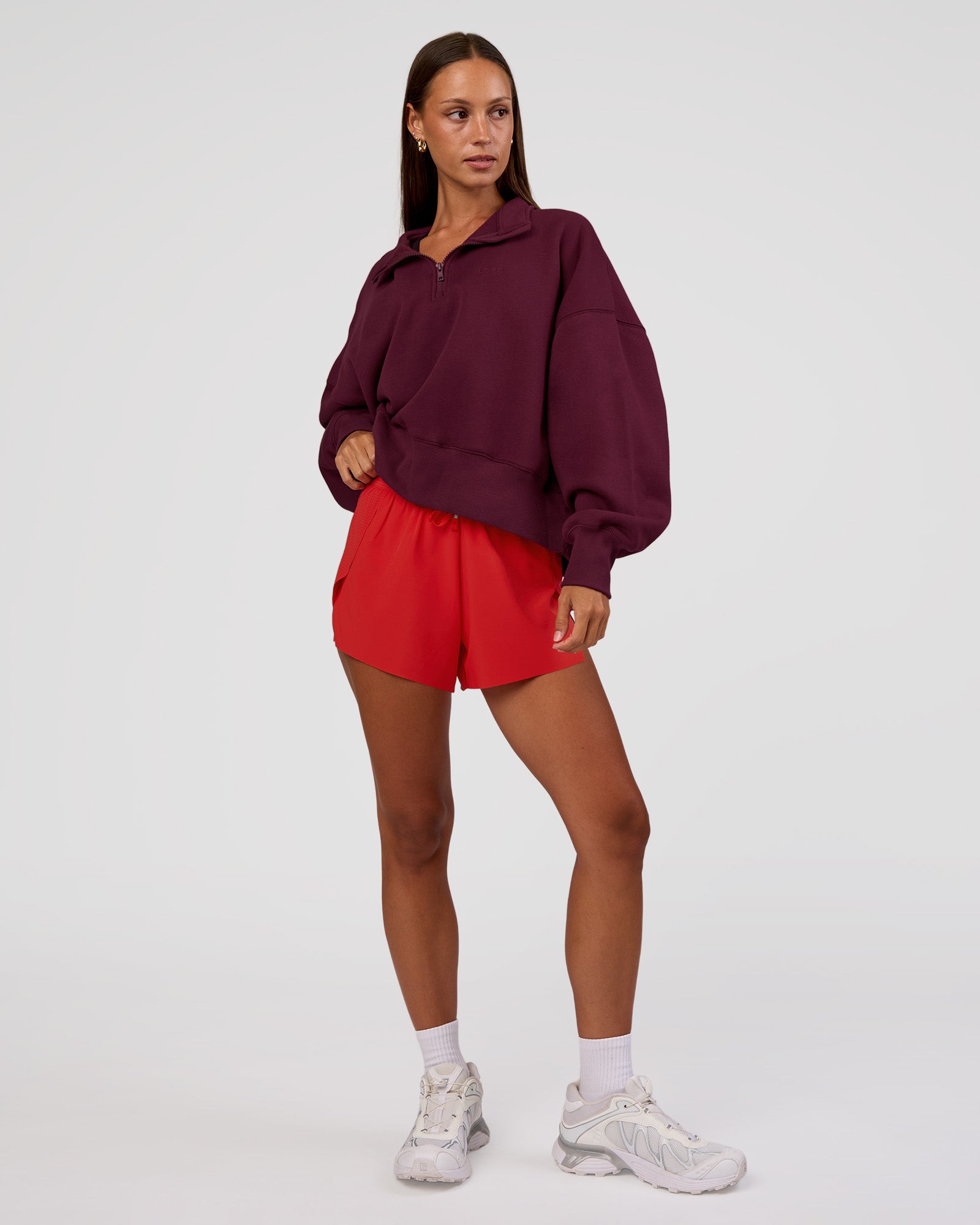 Woman wearing MVP 1/2 Zip Oversized Sweater - Cherry Lacquer | Model:Brylee | Size:S