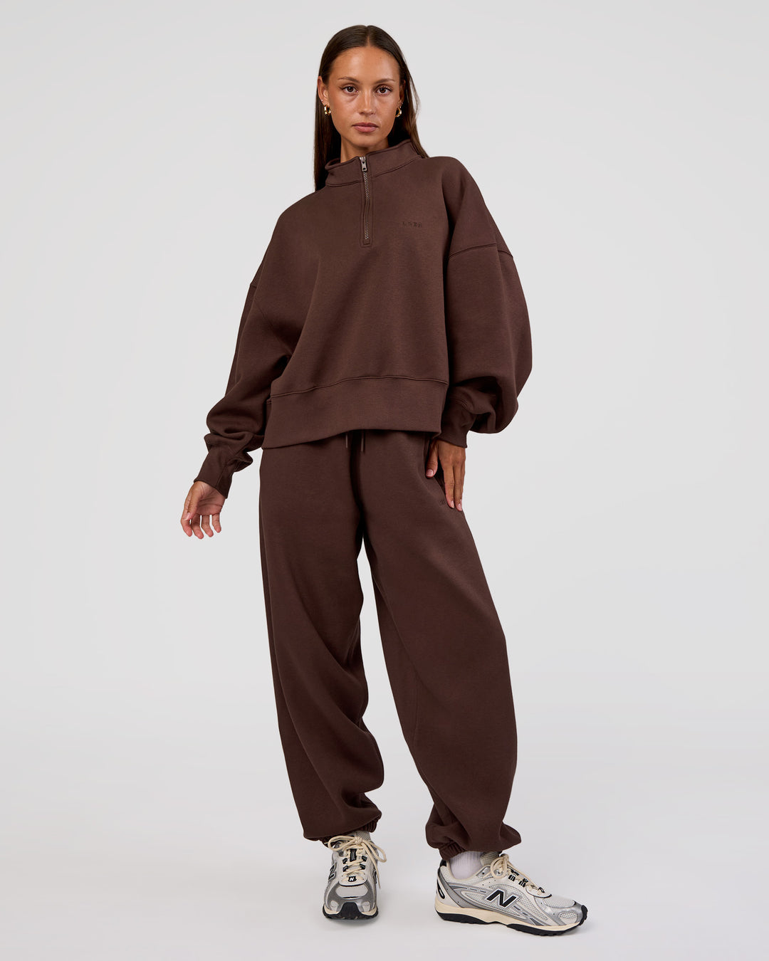 Woman wearing MVP 1/2 Zip Oversized Sweater - Hot Chocolate | Model:Brylee | Size:S - view 2