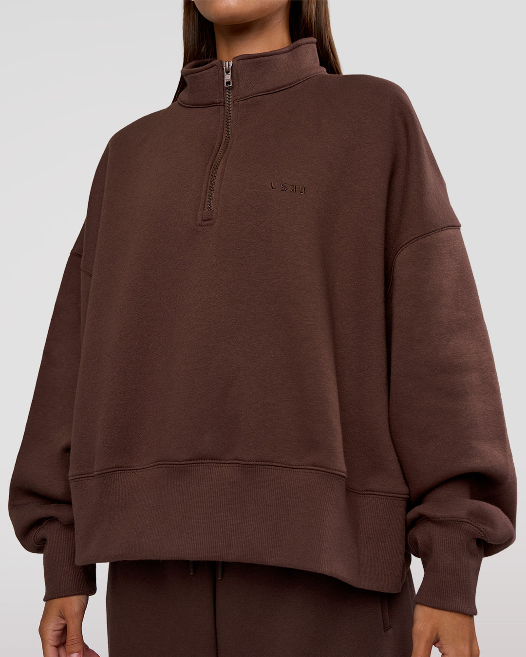 Woman wearing MVP 1/2 Zip Oversized Sweater - Hot Chocolate | Model:Brylee | Size:S - view 4