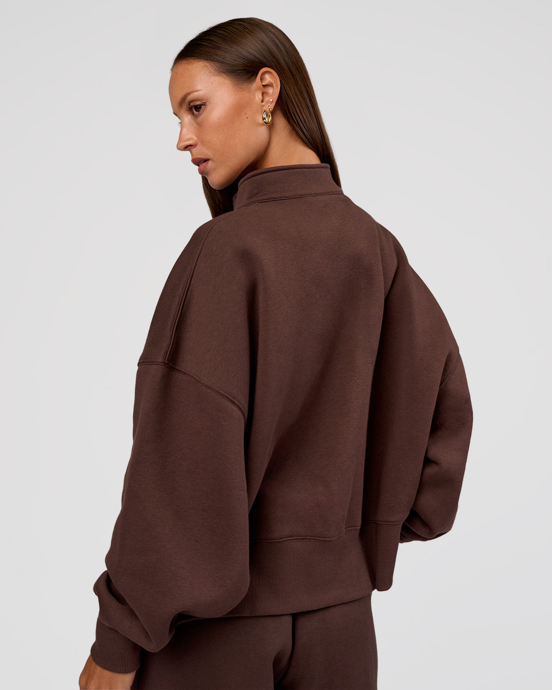 Woman wearing MVP 1/2 Zip Oversized Sweater - Hot Chocolate | Model:Brylee | Size:S - view 3