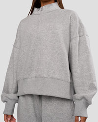 Woman wearing MVP 1/2 Zip Oversized Sweater - Light Grey Marl | Model:Brylee | Size:S | Thumbnail Index: 5