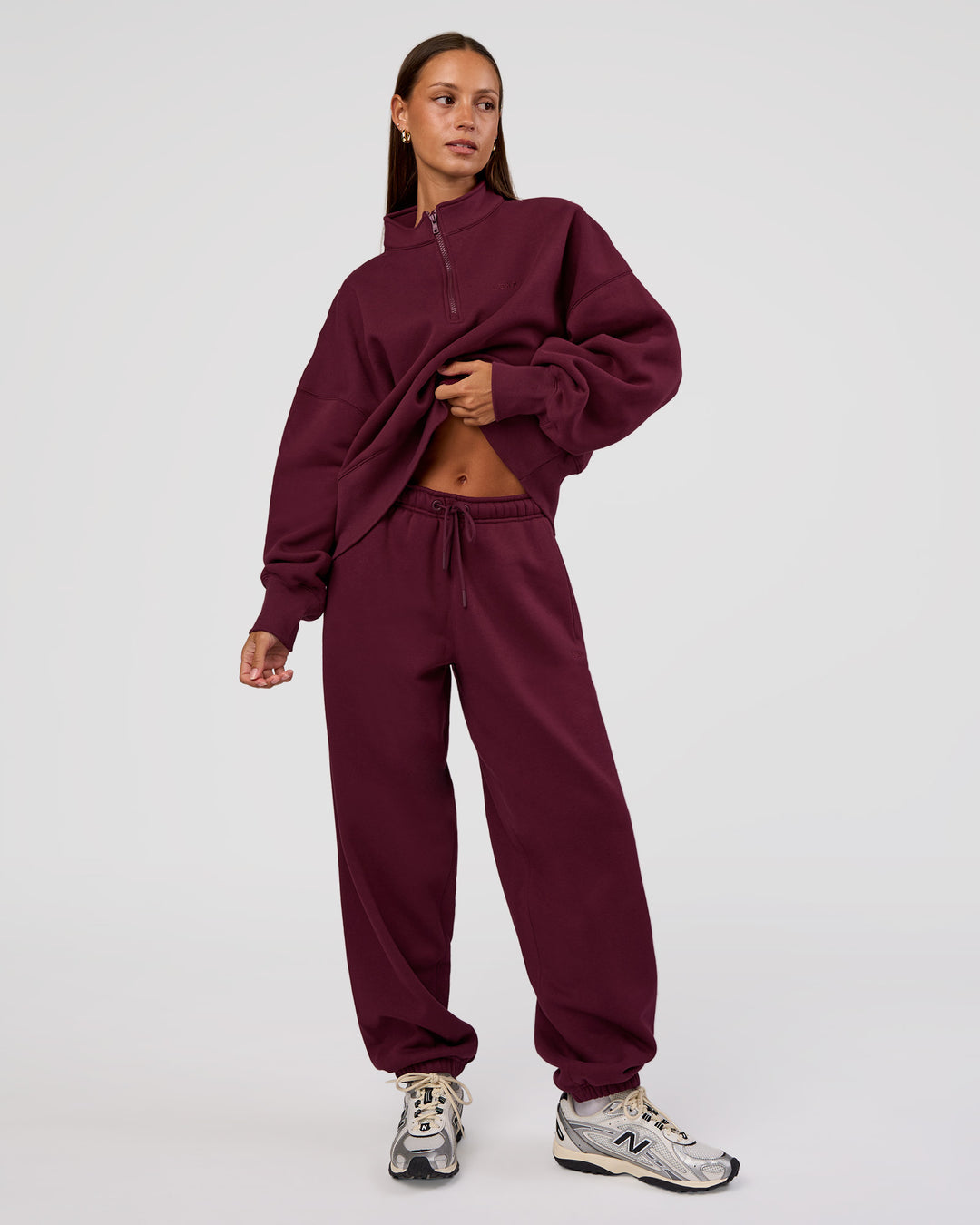 Woman wearing MVP Oversized Slouchy Fit Track Pant - Cherry Lacquer | Model:Brylee | Size:S - view 5