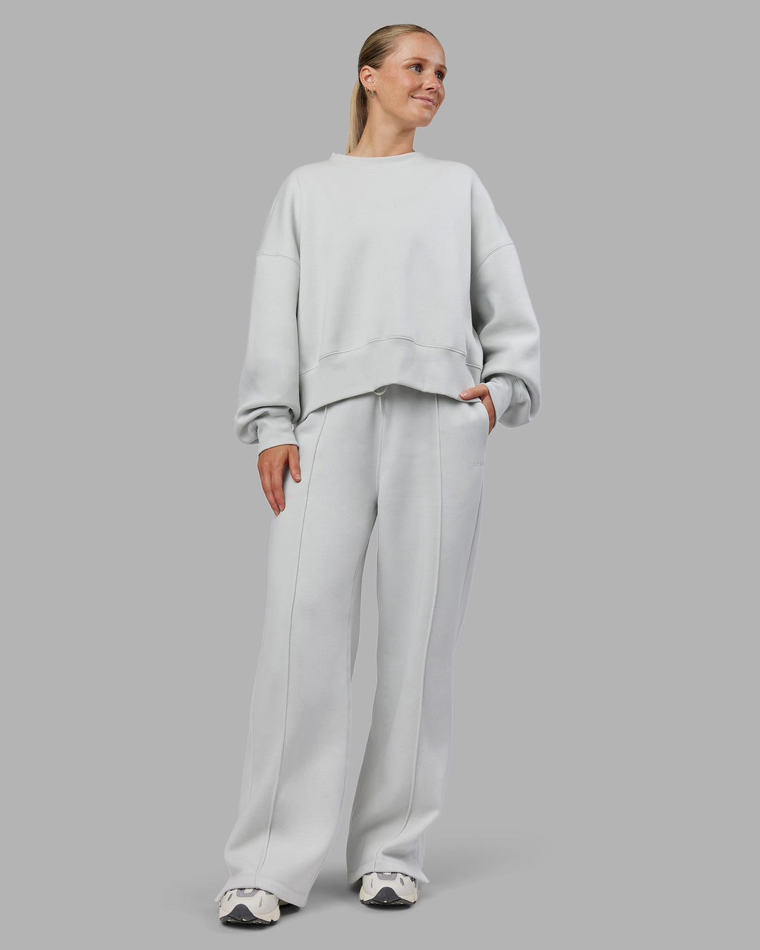 Woman wearing MVP Wide Leg Track Pant - Digital Mist| Model:Neve | Size:S - view 2