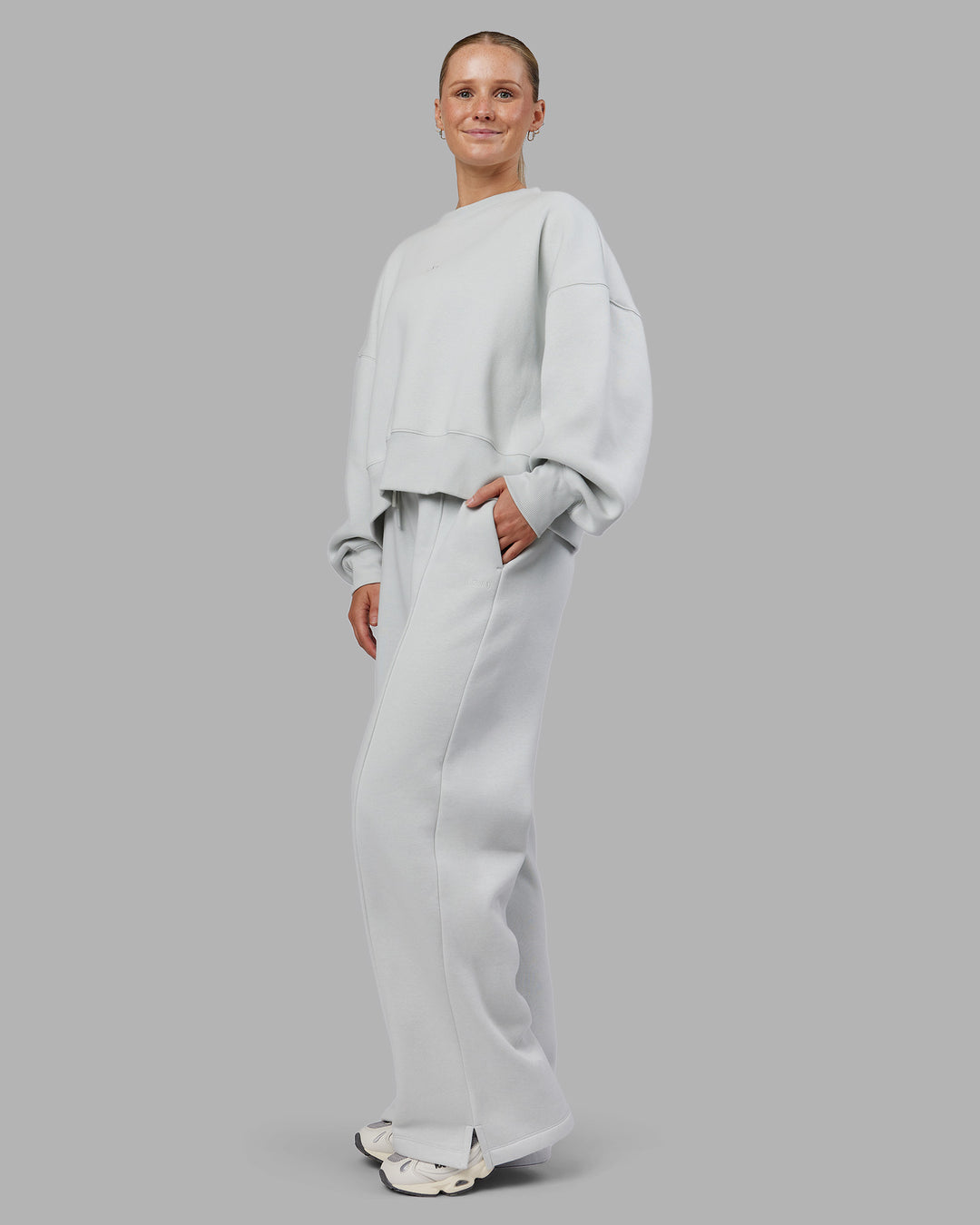Woman wearing MVP Wide Leg Track Pant - Digital Mist| Model:Neve | Size:S - view 8