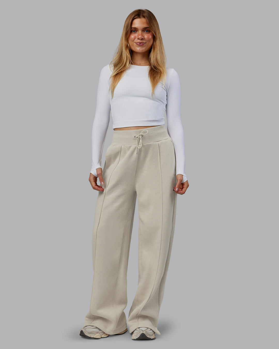 Woman wearing MVP Wide Leg Track Pant - Shale Beige | Model:Emilie | Size:S - view 5