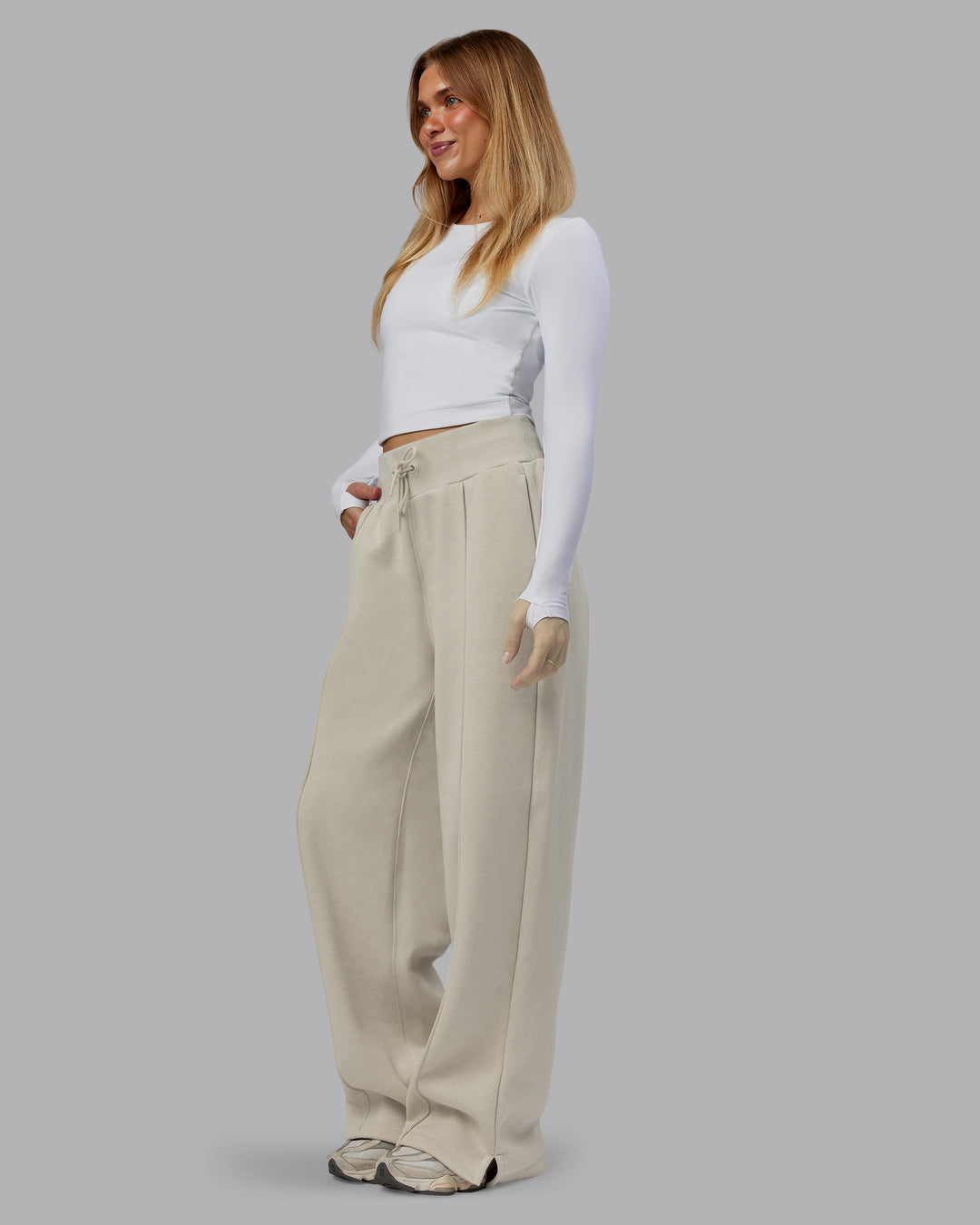 Woman wearing MVP Wide Leg Track Pant - Shale Beige | Model:Emilie | Size:S - view 7
