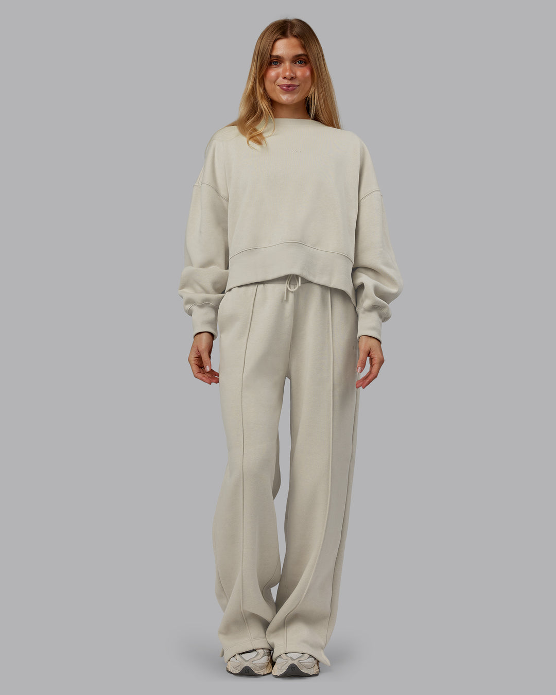 Woman wearing MVP Wide Leg Track Pant - Shale Beige | Model:Emilie | Size:S - view 8