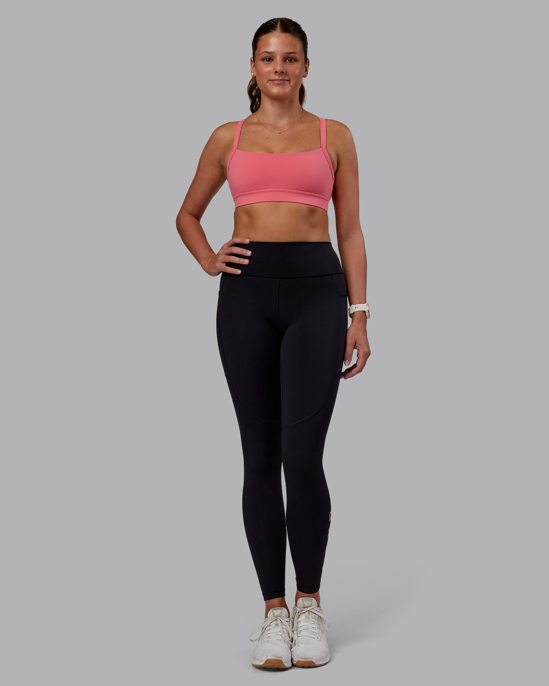 Woman wearing Momentum Sports Bra - Pink Lemonade | Model:Phoebe | Size:S - view 5