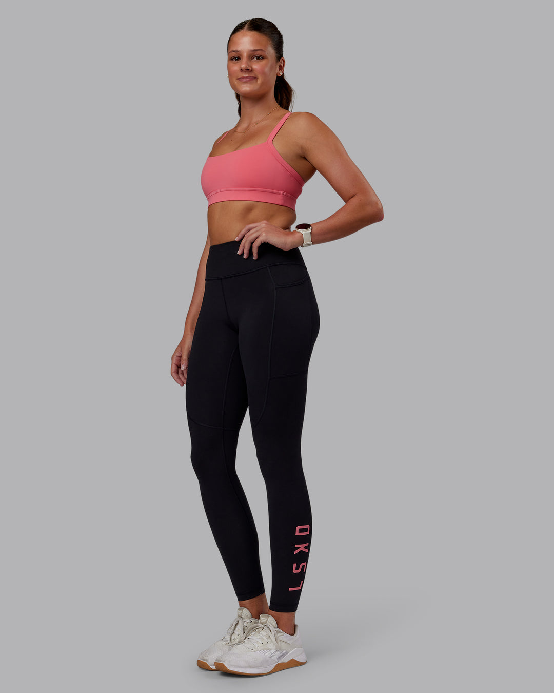 Woman wearing Momentum Sports Bra - Pink Lemonade | Model:Phoebe | Size:S - view 3