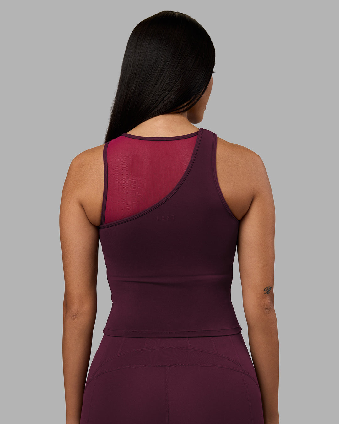 Woman wearing Motion Mesh Shelf Bra Tank - Cherry Lacquer/Plum Berry | Model:Rhiley | Size:S - view 7