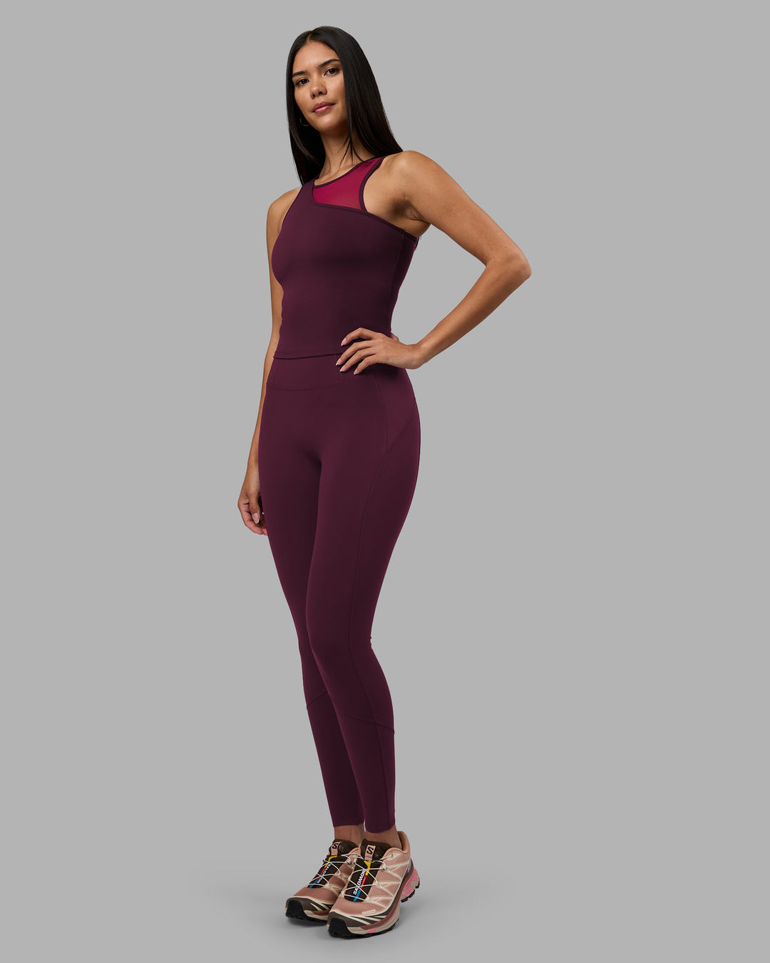 Woman wearing Motion Mesh Shelf Bra Tank - Cherry Lacquer/Plum Berry | Model:Rhiley | Size:S - view 4