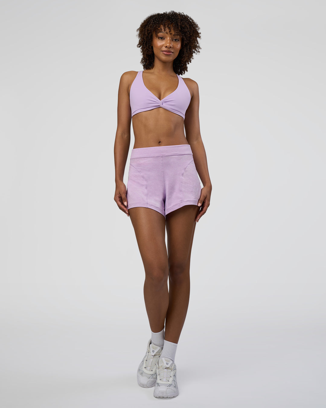 Woman wearing Movement CloudFLX 3" Short - Orchid Bloom Marl | Model:Tomi | Size:S - view 8