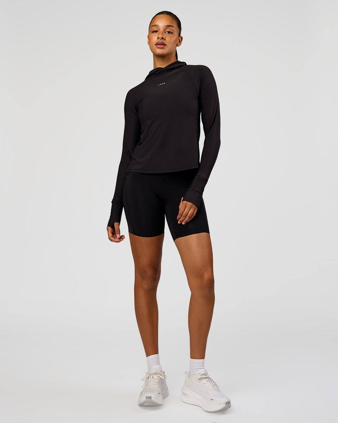 Woman wearing On the Run Long Sleeve - Black | Model:Rosie | Size:S - view 4