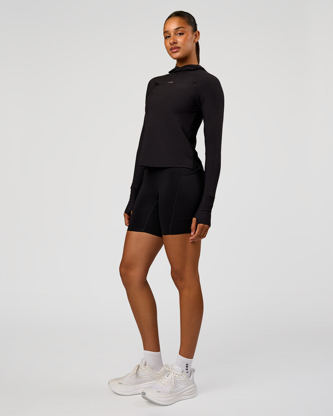 Woman wearing On the Run Long Sleeve - Black | Model:Rosie | Size:S - view 6