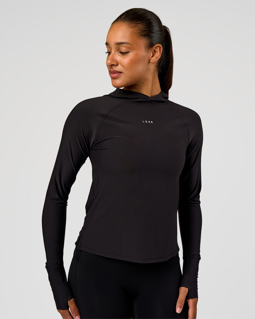 Woman wearing On the Run Long Sleeve - Black | Model:Rosie | Size:S - view 1