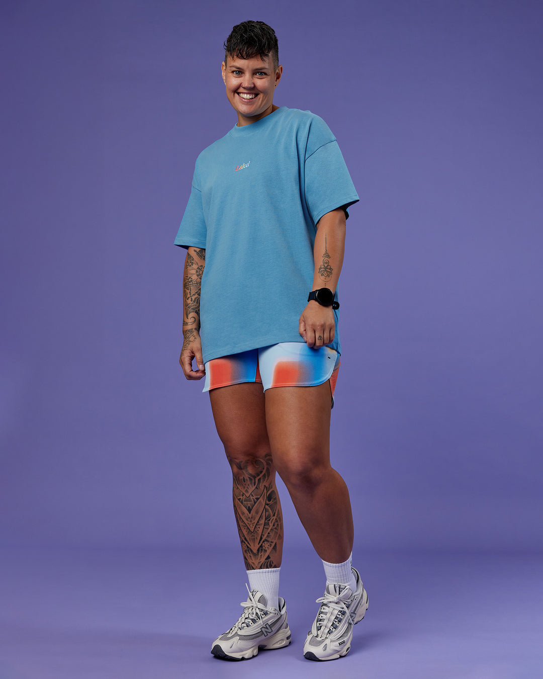 Model wearing Our Journey Heavyweight Oversized Tee - Azure Blue-Rainbow | Model:Em | Size:S - view 7