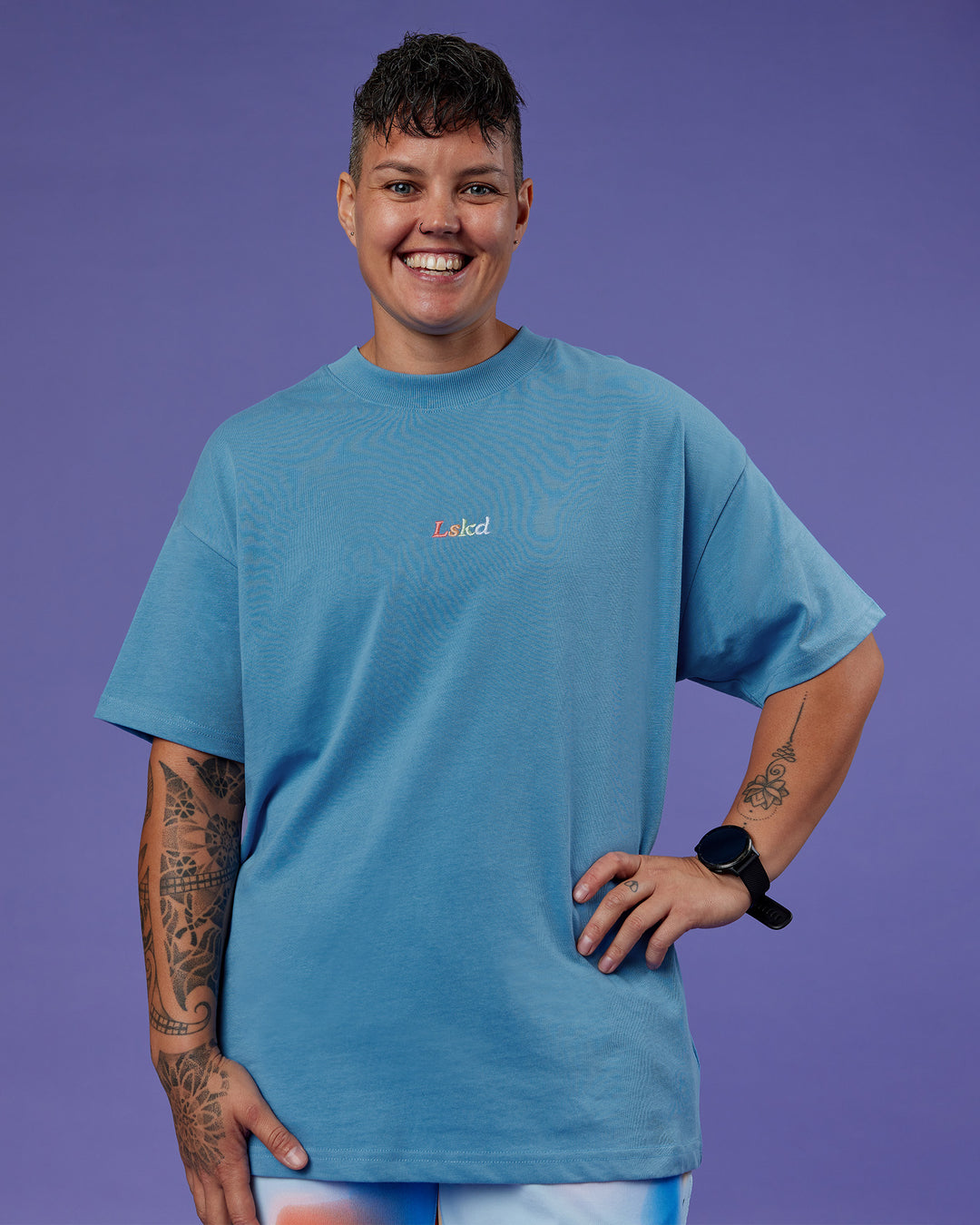 Model wearing Our Journey Heavyweight Oversized Tee - Azure Blue-Rainbow | Model:Em | Size:S - view 4