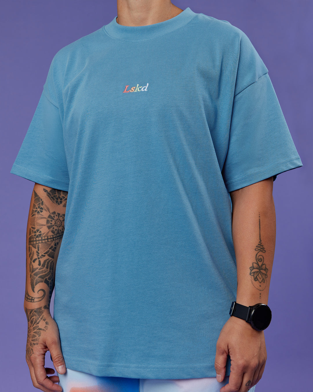 Model wearing Our Journey Heavyweight Oversized Tee - Azure Blue-Rainbow | Model:Em | Size:S - view 13
