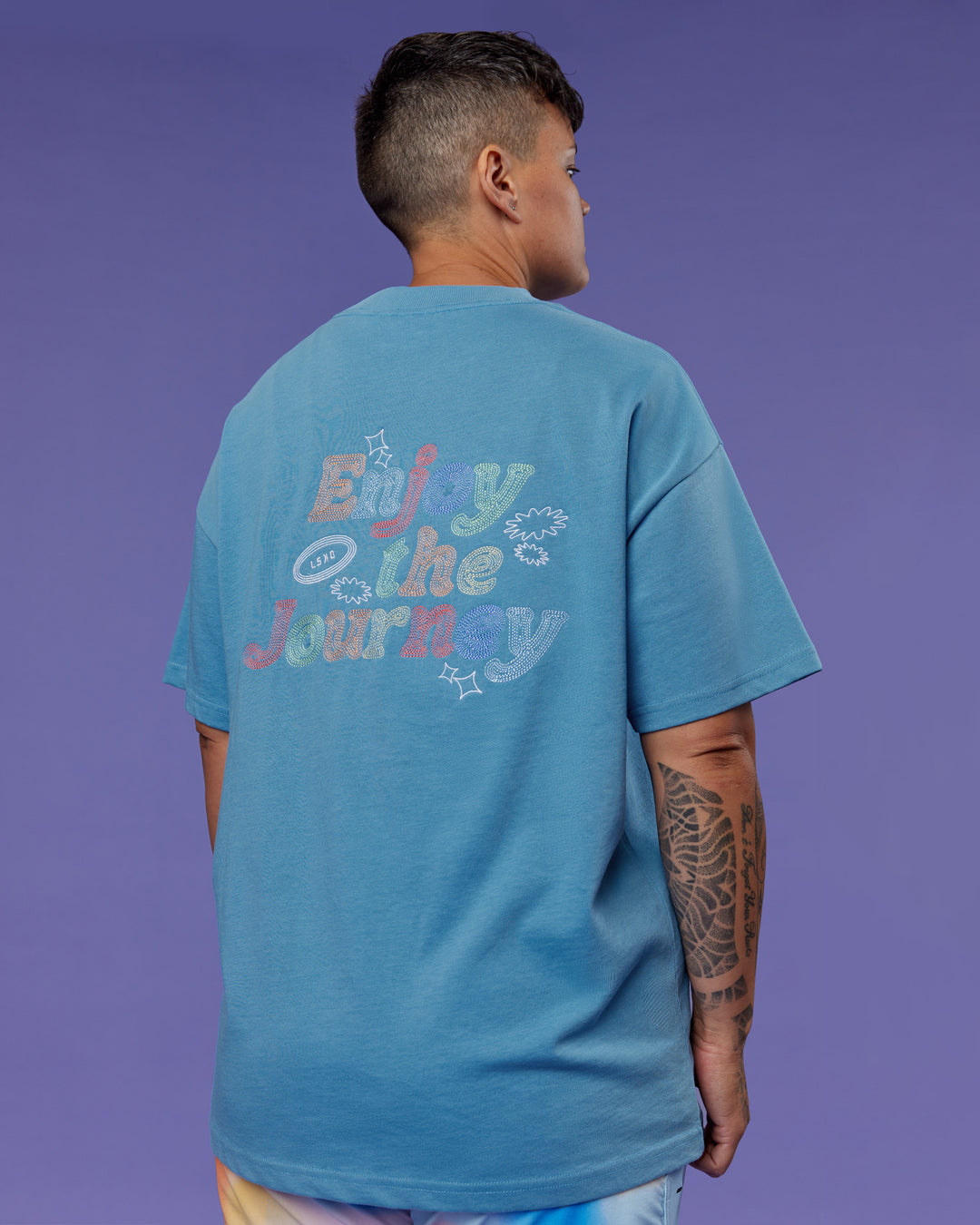 Model wearing Our Journey Heavyweight Oversized Tee - Azure Blue-Rainbow | Model:Em | Size:S - view 14