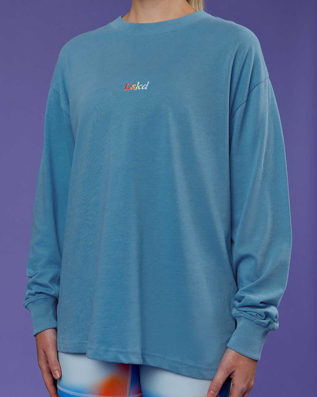 Woman wearing Our Journey Oversize Heavyweight FLXCotton Long Sleeve Tee - Azure Blue | Model:Mon | Size:S - view 13