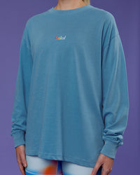 Woman wearing Our Journey Oversize Heavyweight FLXCotton Long Sleeve Tee - Azure Blue | Model:Mon | Size:S | Thumbnail Index: 12