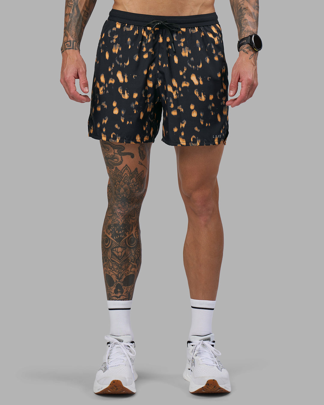 Man wearing Pace 5" Lined Running Short - Markings Black Print | Model:Tommy | Size:S - view 3