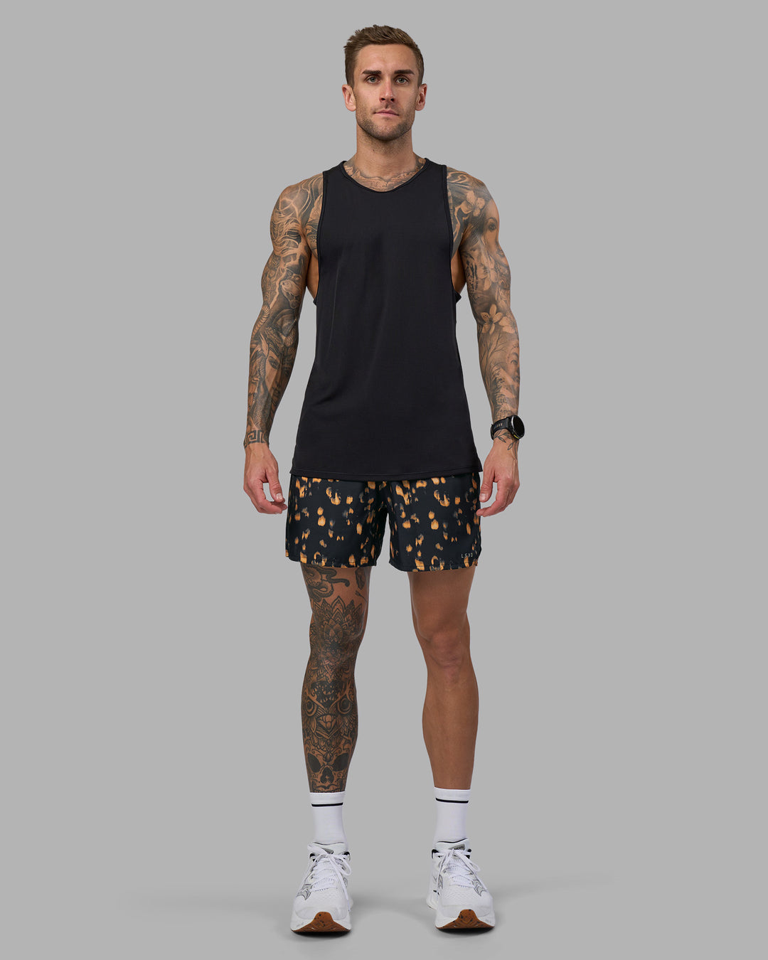 Man wearing Pace 5" Lined Running Short - Markings Black Print | Model:Tommy | Size:S - view 4