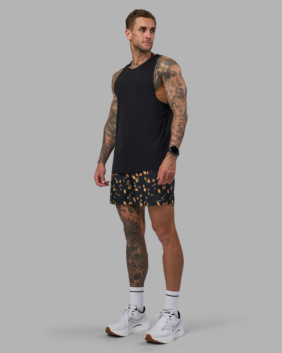 Man wearing Pace 5" Lined Running Short - Markings Black Print | Model:Tommy | Size:S - view 7