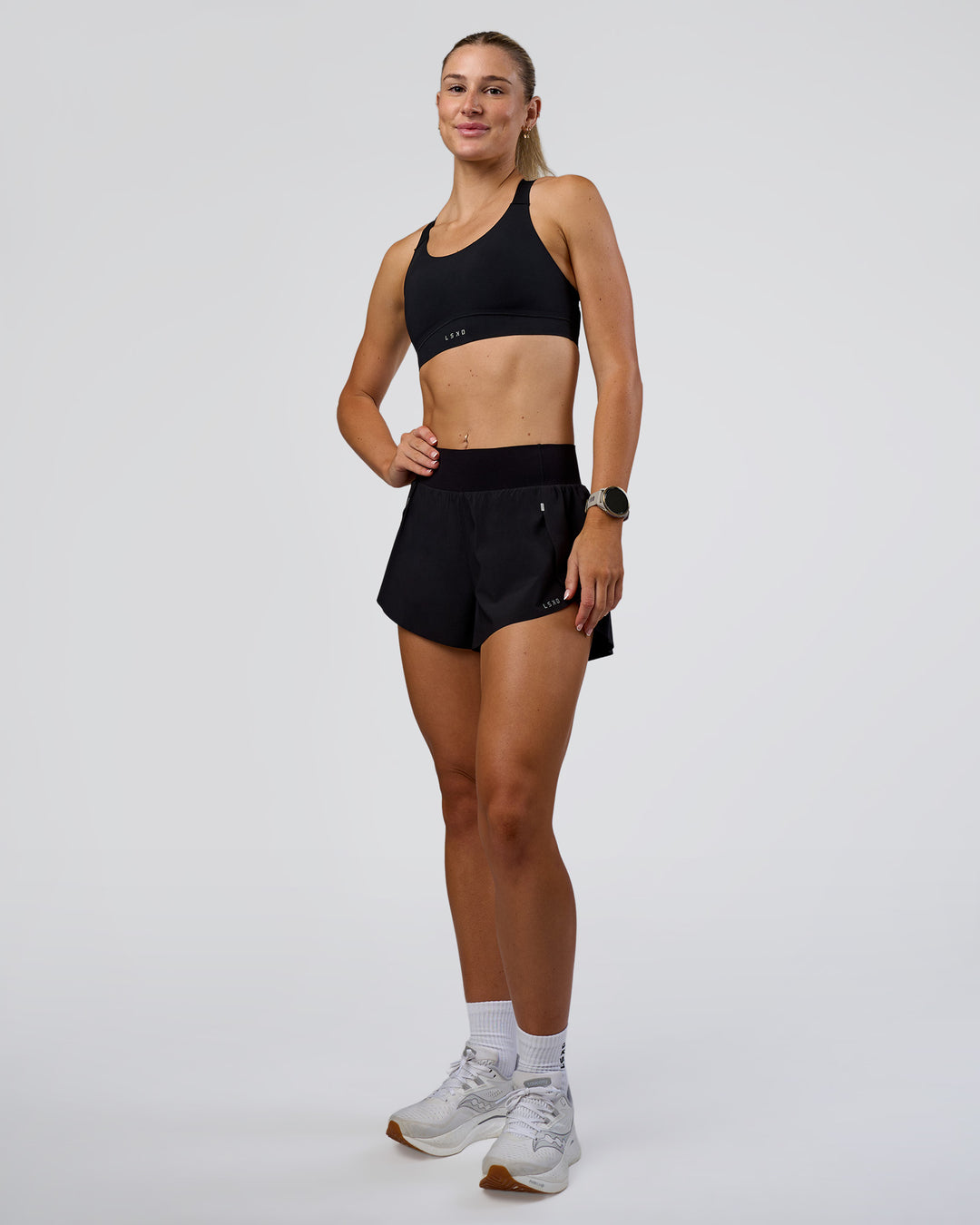 Woman wearing Pacer 3" Run Short - Black | Model:Emelia | Size:S - view 7