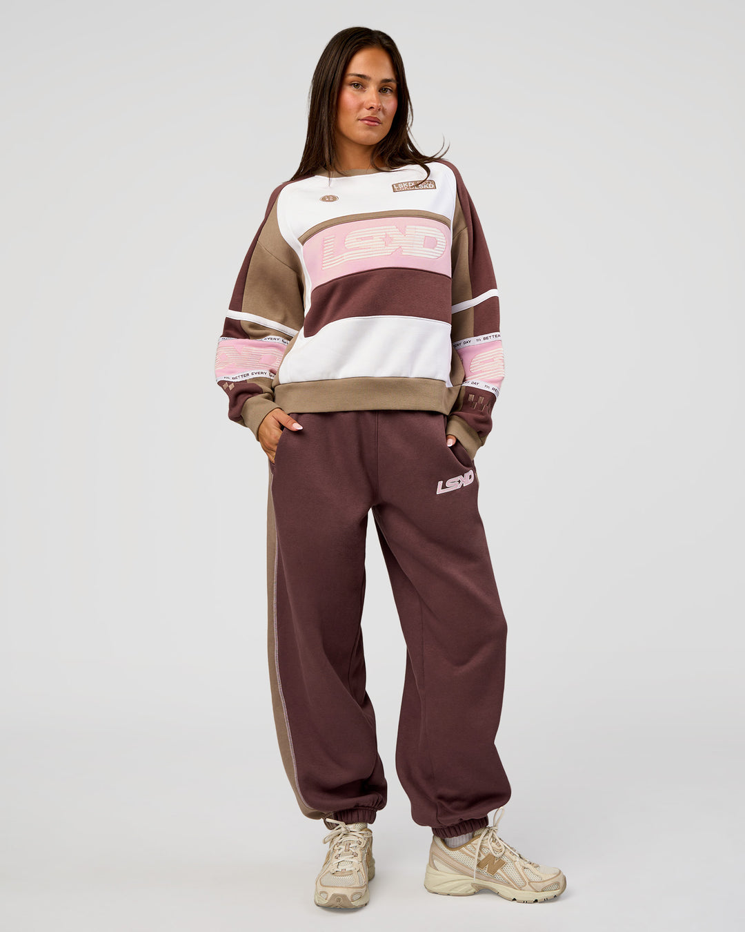 Woman wearing Power Play Stitch Up Fleece Sweat Pant - Cocoa Powder-Marshmallow | Model:Bianca | Size:S - view 10