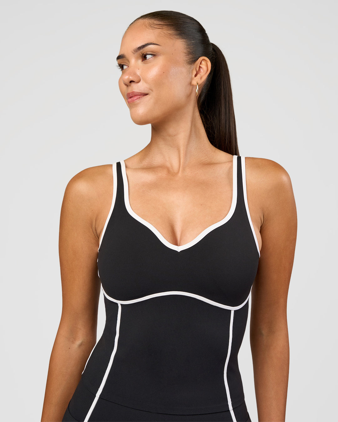 Woman wearing Power Sweetheart Shelf Bra Tank - Black | Model:Rhiley | Size:S - view 7