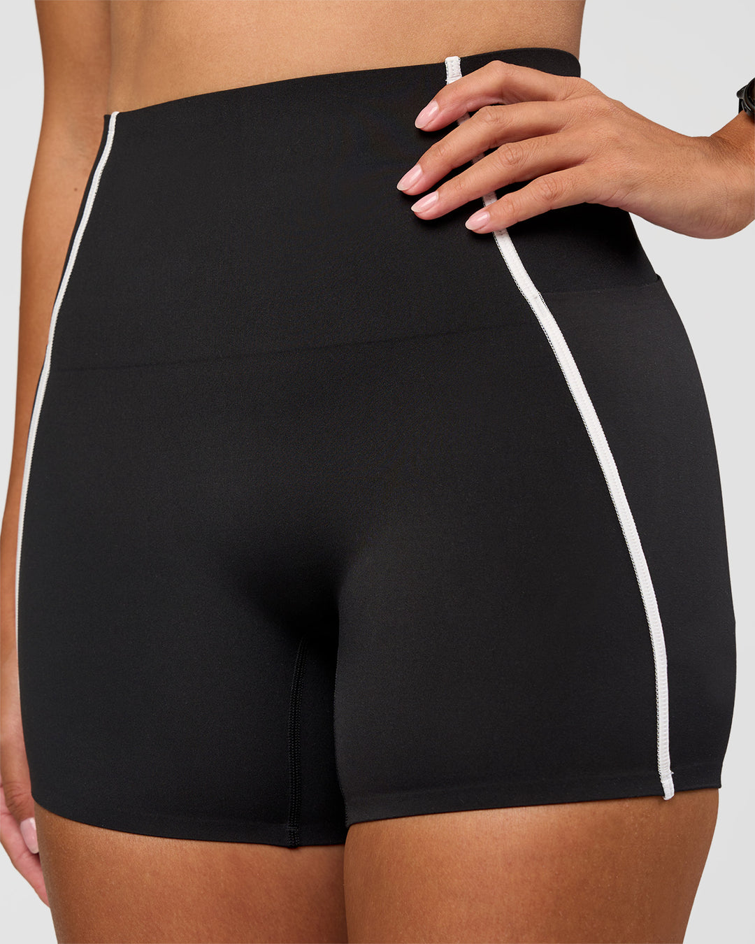 Woman wearing Power Ultra High-Rise 4" Short Pockets - Black | Model:Rhiley | Size:S - view 8