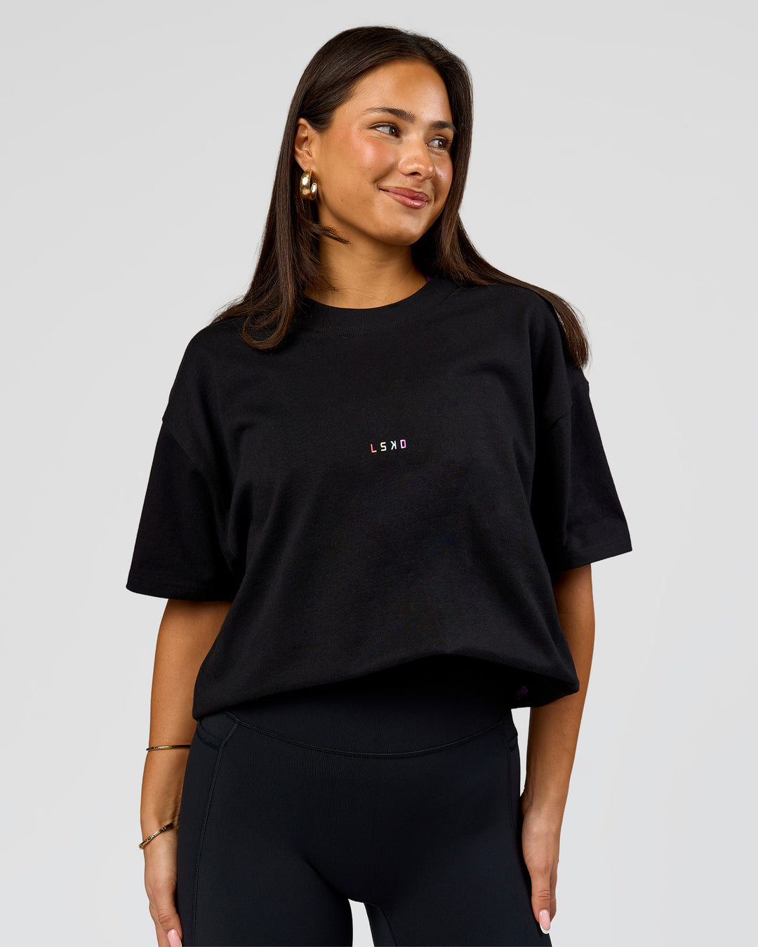 Woman wearing Pride Sticker Boxy Tee - Black | Model:Bianca | Size:S - view 8