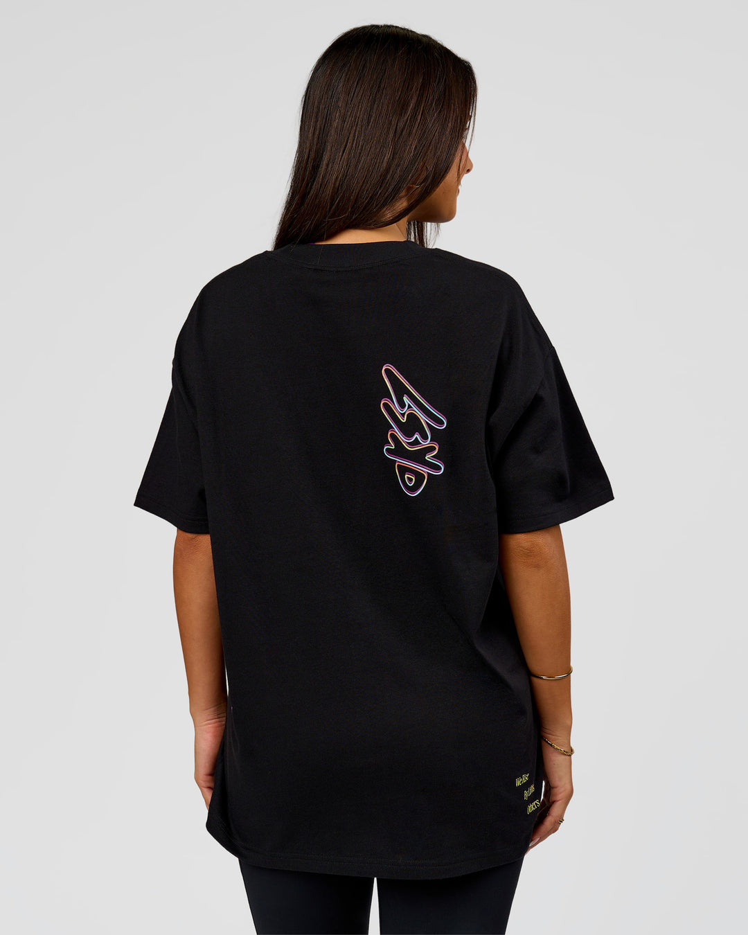 Woman wearing Pride Sticker Boxy Tee - Black | Model:Bianca | Size:S - view 9