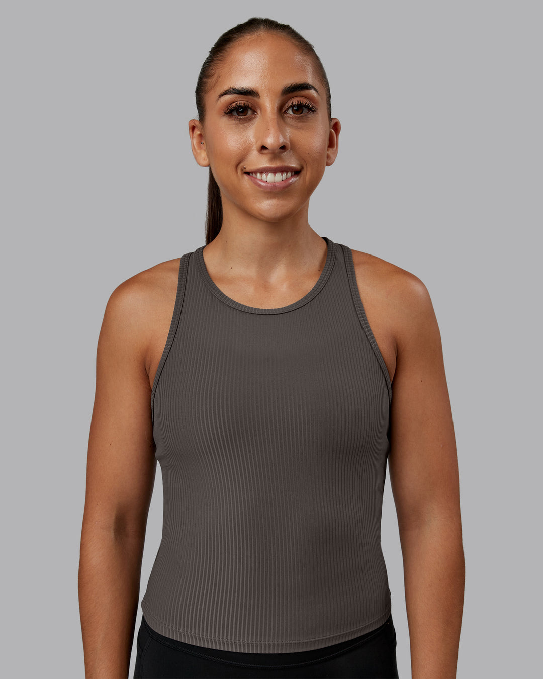 Woman wearing Push High Neck Ribbed Tank - Dark Storm | Size:S | Model:Tylah - view 1