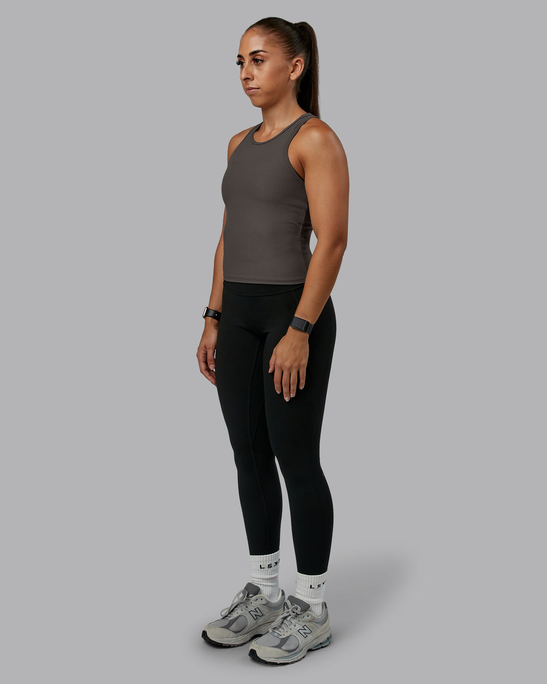 Woman wearing Push High Neck Ribbed Tank - Dark Storm | Size:S | Model:Tylah - view 6