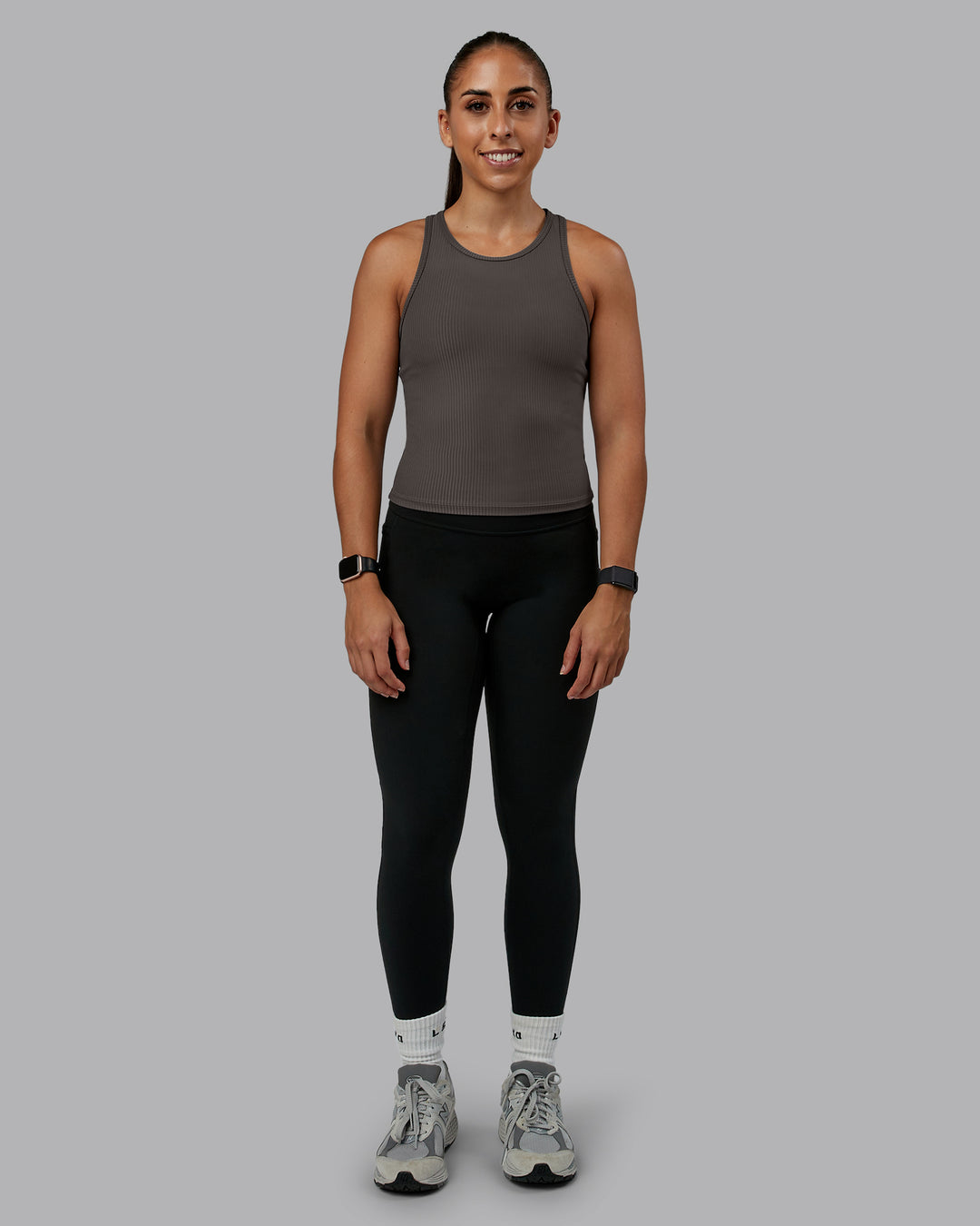 Woman wearing Push High Neck Ribbed Tank - Dark Storm | Size:S | Model:Tylah - view 5