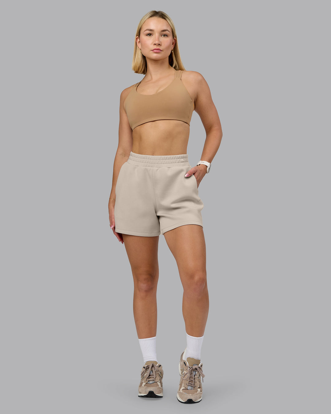 Woman wearing Push The Limit Sports Bra - Light Taupe | Model:Halle | Size:S - view 3