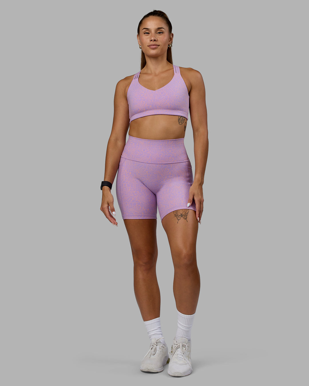 Woman wearing Push The Limit Sports Bra - Pale Lilac Vitality Print - view 7