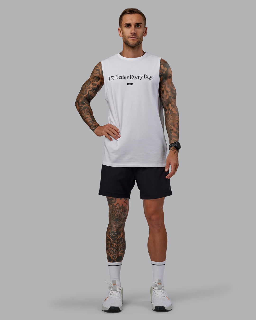 Man wearing Rep 5" Lined Performance Shorts in Black | Size:S - view 7