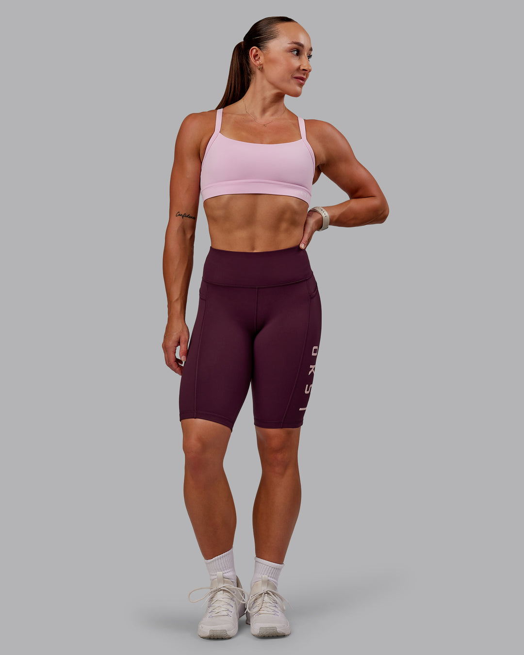 Woman wearing Rep Ultra High-Rise 9" Short Pockets - Cherry Lacquer-Marshmallow | Model:Amber | Size:S - view 7