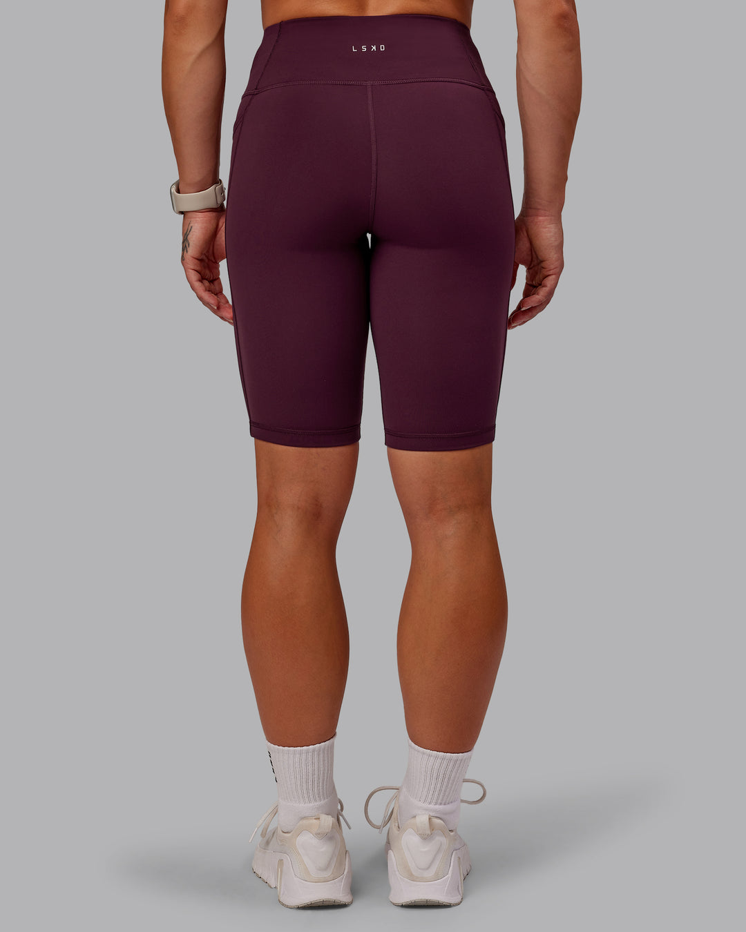 Woman wearing Rep Ultra High-Rise 9" Short Pockets - Cherry Lacquer-Marshmallow | Model:Amber | Size:S - view 5