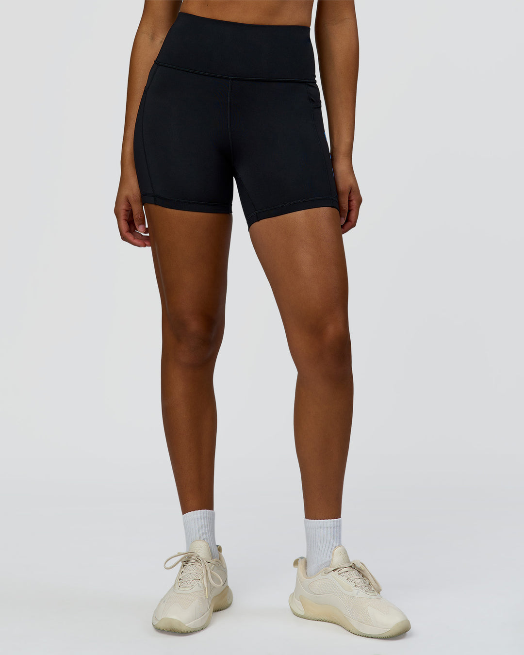 Woman wearing Rep Ultra High-Rise 4" Short Pockets - Black-Palace Blue | Model:Rosie | Size:S - view 9