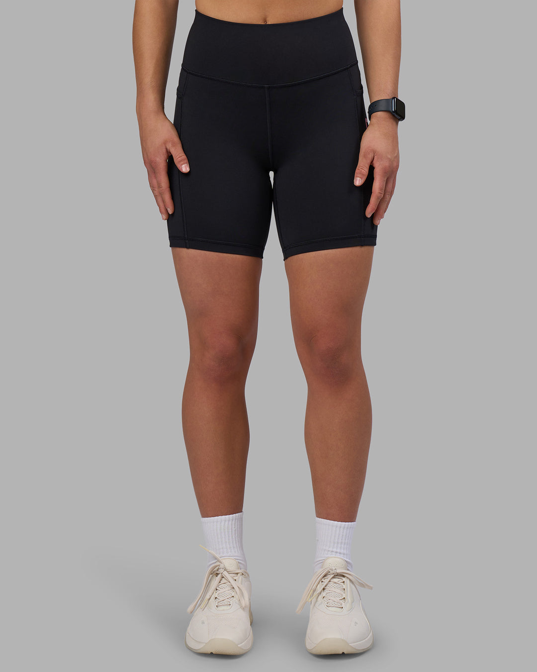 Woman wearing Rep Ultra High-Rise 6" Short Pockets - Black-Candy Pink | Model:Keisha | Size:S - view 8