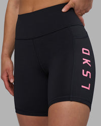 Woman wearing Rep Ultra High-Rise 6" Short Pockets - Black-Candy Pink | Model:Keisha | Size:S | Thumbnail Index: 5