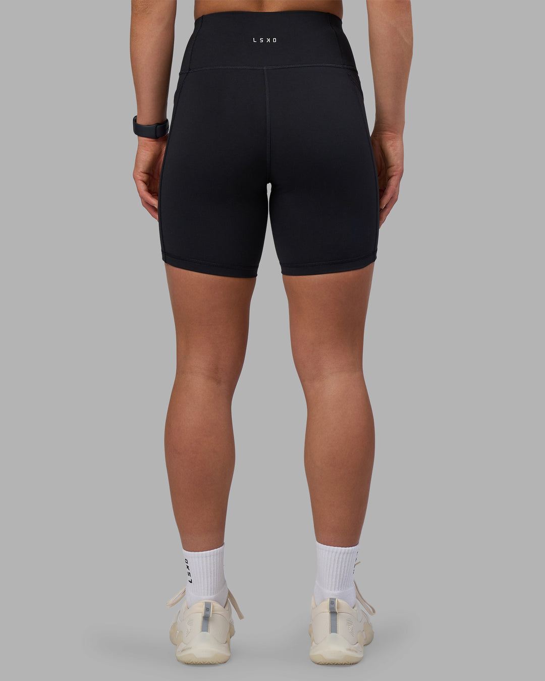 Woman wearing Rep Ultra High-Rise 6" Short Pockets - Black-Candy Pink | Model:Keisha | Size:S - view 4