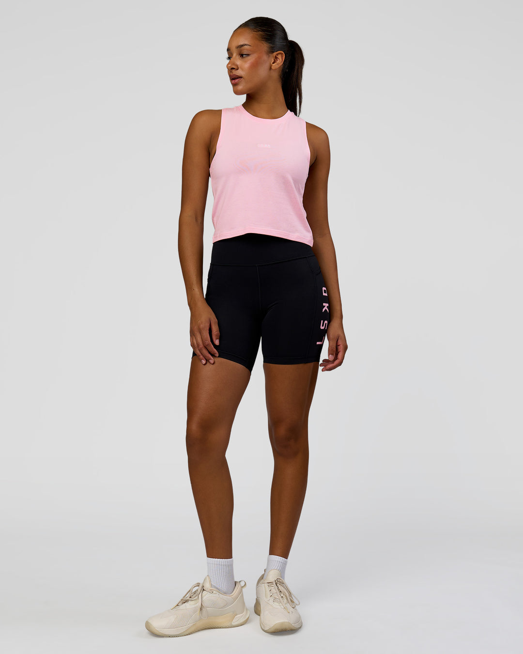 Woman wearing Rep Ultra High-Rise 6" Short Pockets - Black-Marshmallow | Model:Rosie | Size:S - view 3
