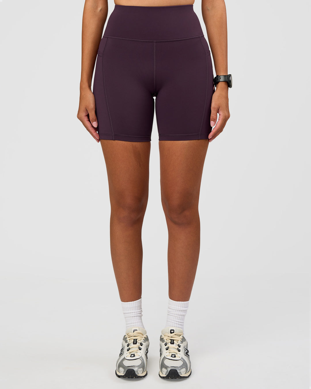 Woman wearing Rep Ultra High-Rise 6" Short Pockets - Midnight Plum-Marshmallow | Model:Rhiley | Size:S - view 3