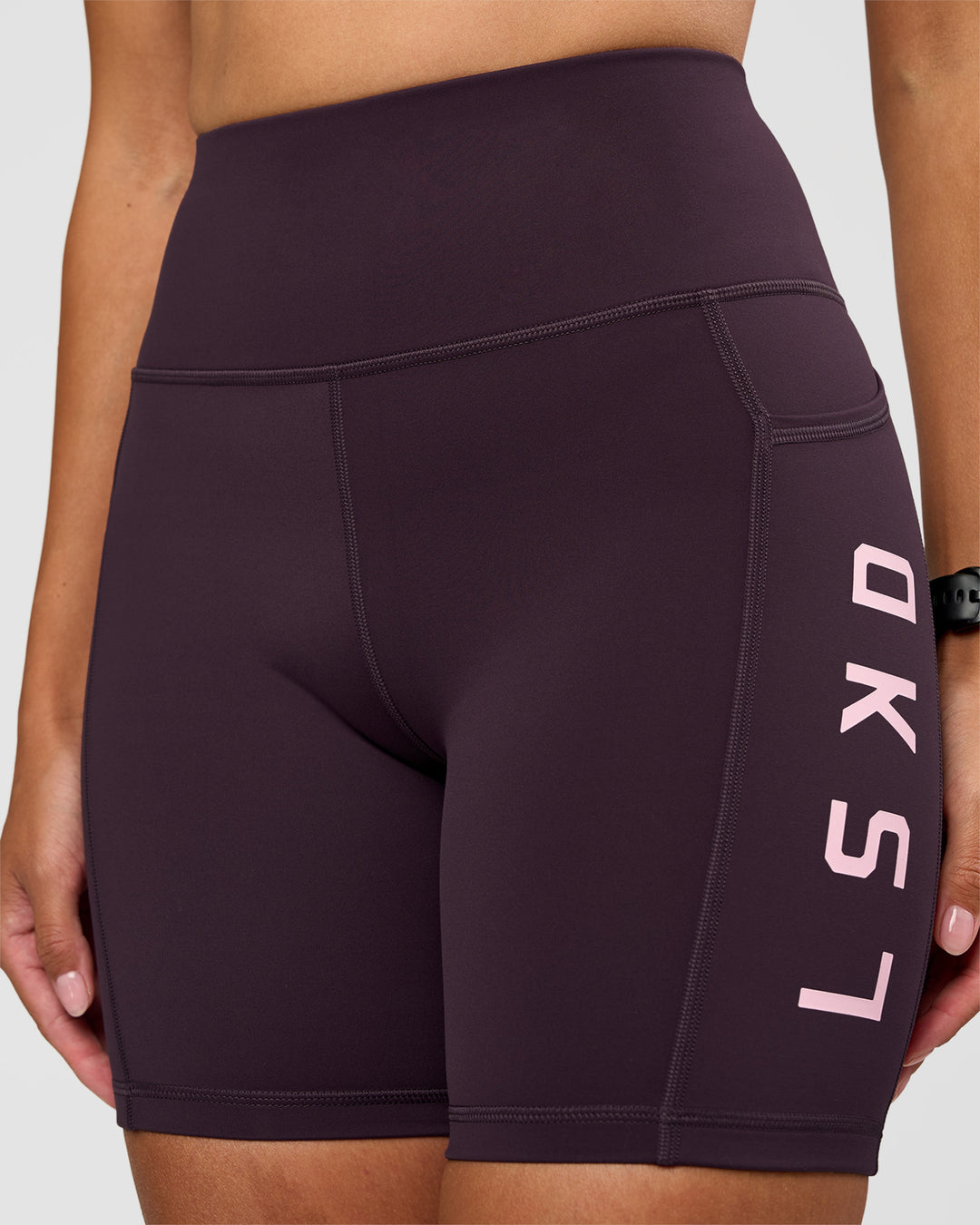 Woman wearing Rep Ultra High-Rise 6" Short Pockets - Midnight Plum-Marshmallow | Model:Rhiley | Size:S - view 7