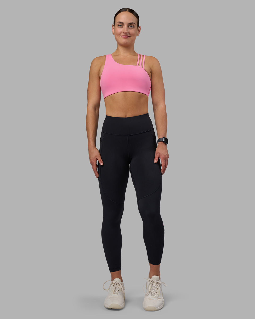 Woman wearing Rep Ultra High-Rise 7/8 Legging Pockets - Black-Candy Pink | Model:Keisha | Size:S - view 5